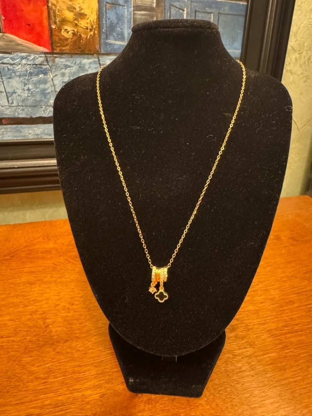 Gold Clover and Clear Rhinestone Stainless Steel Pendant Necklace
